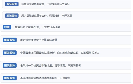     網(wǎng)友涉及黃金消費(fèi)糾紛的相關(guān)投訴問題。（“人民投訴”用戶投訴截圖）